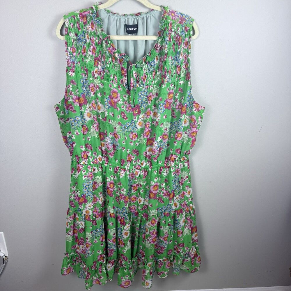 Sugar Lips Women’s Plus Size Dress Green Floral Lined Smocked Midi Sleeveless